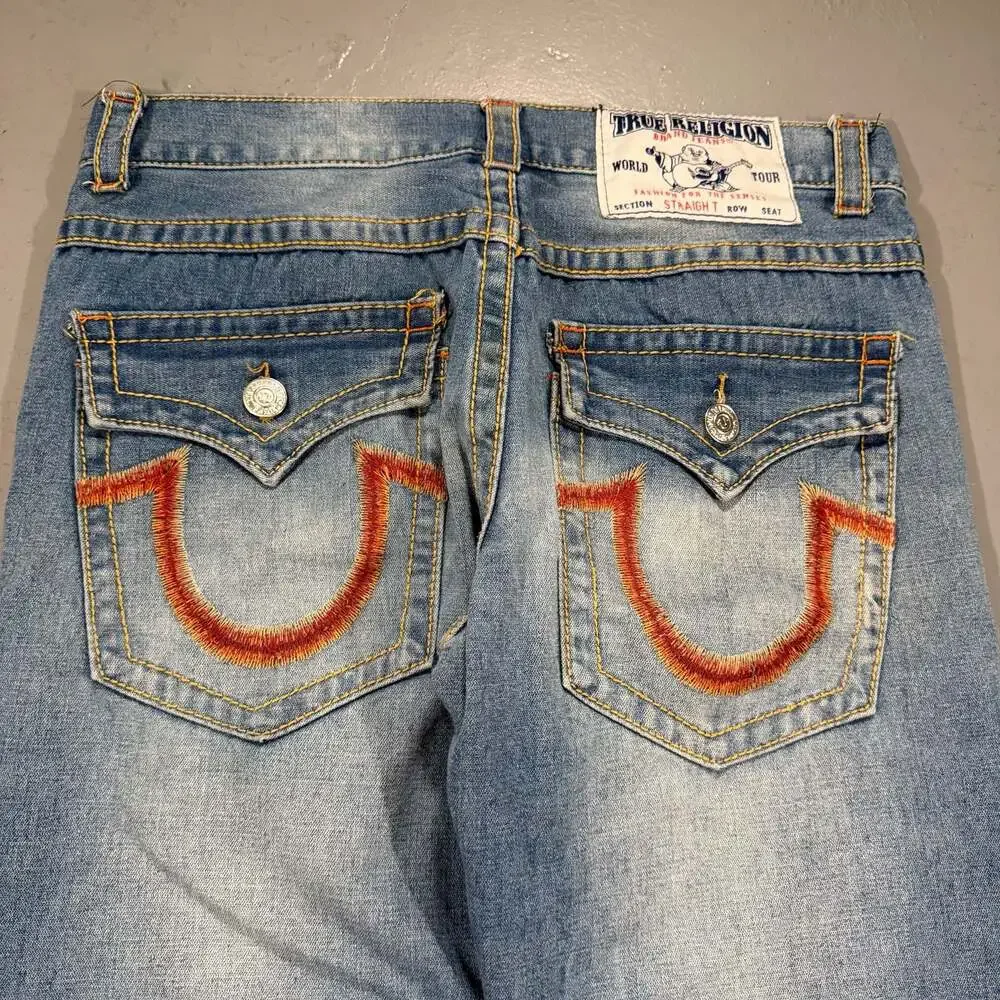 True Religion Vintage Embroidered Ricky Straight Jeans Flap Pockets Mens 36x33
